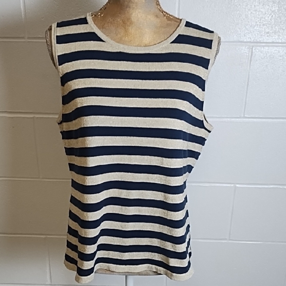 Chico's Navy and Cream With gold Striped Silk Blend Knit Tank Top Shell